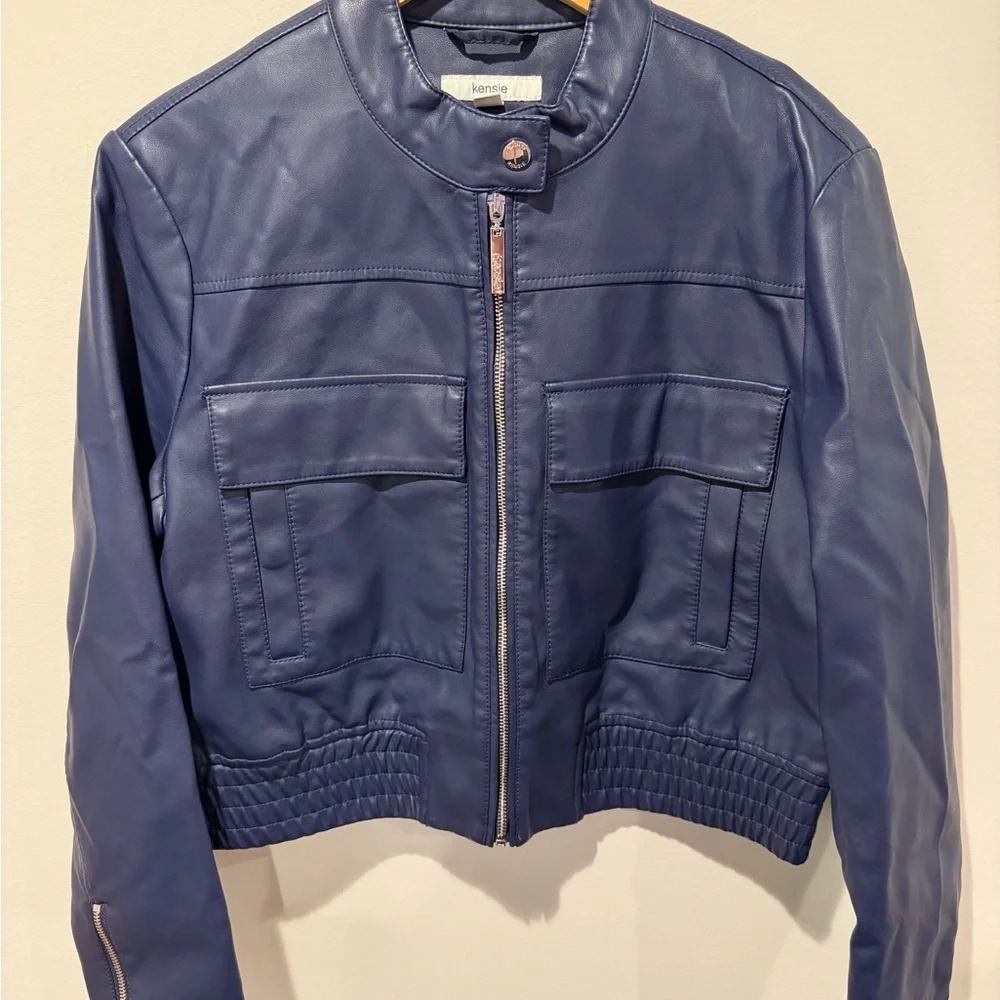 Kensie French Navy Faux Leather Bomber Jacket Large NWT